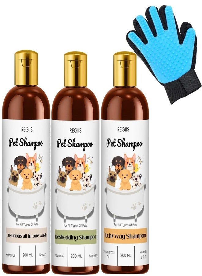 Regiis Pet Shampoo Set with Grooming Glove, Luxurious All-in-One, Deshedding, Itch Away Formula, 200ml, 4 Pack - Image 1